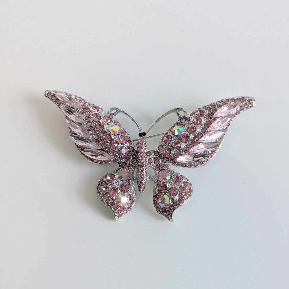 Oversized Orchid Pink Rhinestone Butterfly Convertible Brooch Pendant Statement